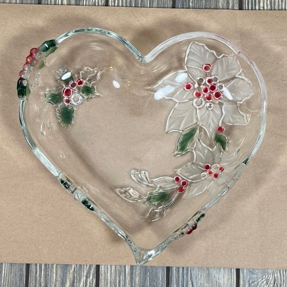 Mikasa Crystal Serving Dish Christmas Heart Poinsettia‎ Holly Holiday Party